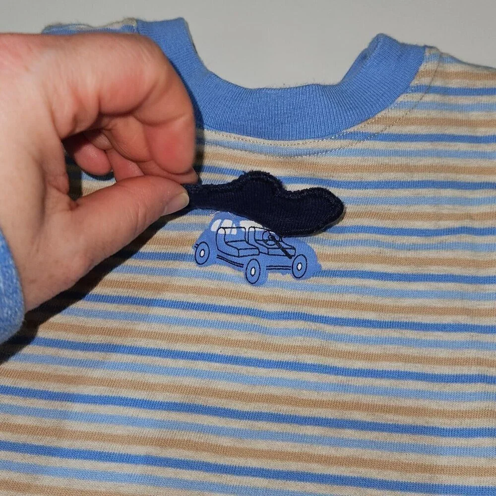 First Impressions Shirt Shortalls Outfit Tan Blue Embroidered Cars 6/9 Months